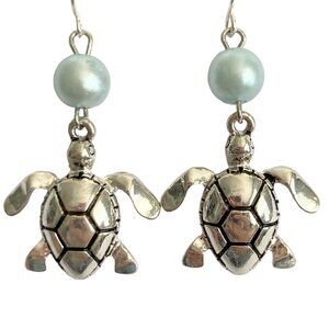 Blue Pearl Turtle Earrings Silver Plated Nautical Island Sea Life Pierced Faux